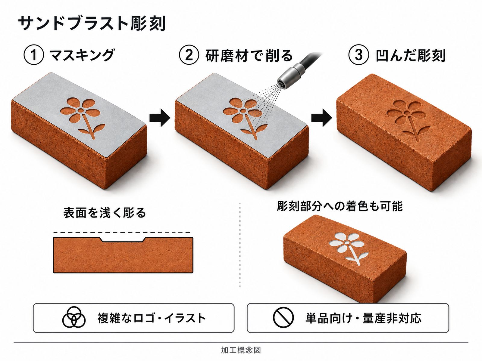 サンドブラスト彫刻の加工概念図。マスキング、研磨材で削る、凹んだ彫刻の3工程と、断面図、彫刻部分への着色例。複雑なロゴ・イラスト、単品向け・量産非対応